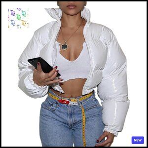 Cropped Puffer Jacket Shiny Zip Up Winter Bubble Coat Chic Minimal